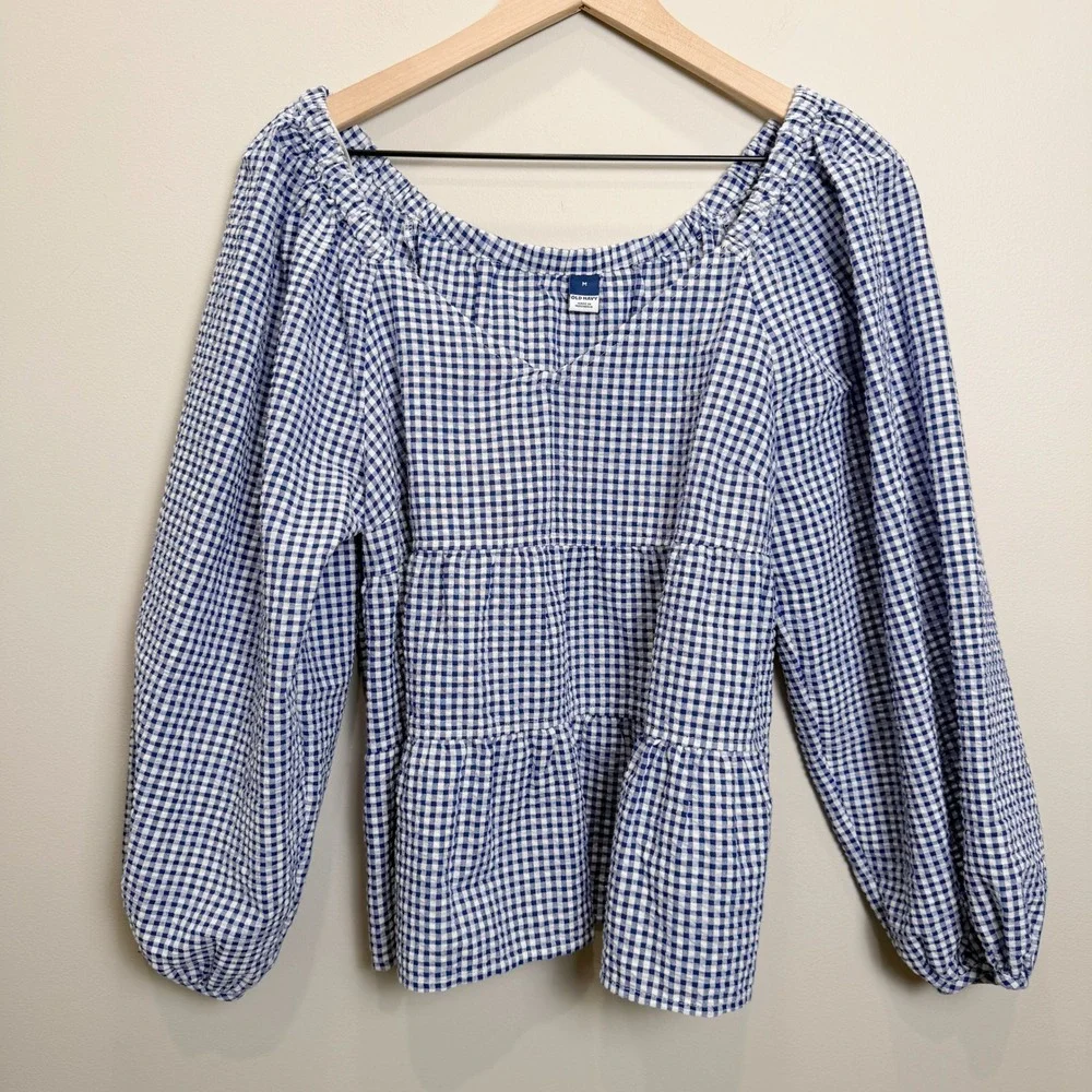 Old Navy M Tiered Blue Gingham Seersucker Long‎ Sleeve Top Puff Sleeve Wide Neck